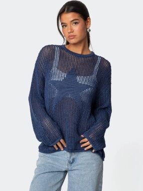 Edikted Navy Open-Knit Star Sweater